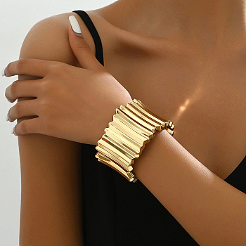 Vintage Chunk Alloy Pleated Bangles for Women, Real 18K Gold Plated