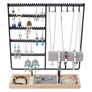 Removable Wood Jewelry Display Tray with Iron Jewelry Organizer Holder for Earrings Rings, Bracelets, Necklaces Storage, Black, Finished Product: 30x9.6x35.4cm