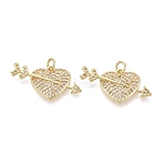 Valentine's Day Brass Micro Pave Clear Cubic Zirconia Pendants, Heart with Arrow Charms, Real 16K Gold Plated, 14x28x3.5mm, Hole: 3mm, Jump Ring: 5x0.8mm, 3mm Inner Diameter(KK-Q072-10G)
