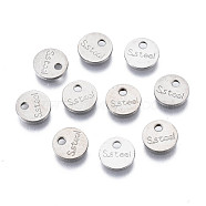 201 Stainless Steel Charms, Stamping Blank Tag, Flat Round with Word S.Steel, Stainless Steel Color, 6x1mm, Hole: 1.2mm(STAS-N095-032)
