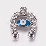 Long-Lasting Plated Brass Micro Pave Cubic Zirconia Enamel Charms, Real Platinum Plated, Horseshoe with Evil Eye, 13.5x10x2mm, Hole: 0.5mm(ZIRC-L072-55P)