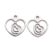 Valentine's Day 304 Stainless Steel Charms, Laser Cut, Heart with Heart, Stainless Steel Color, 9x9.5x1mm, Hole: 1.2mm(STAS-I151-31P)