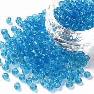 Glass Seed Beads, Transparent, Round, Round Hole, Sky Blue, 6/0, 4mm, Hole: 1.5mm, about 500pcs/50g, 50g/bag, 18bags/2pounds(SEED-US0003-4mm-3)