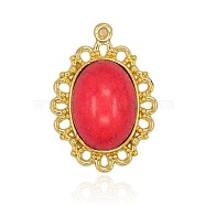 Nickel Free & Lead Free Golden Plated Alloy Pendants, Long-Lasting Plated, Oval Synthetic Turquoise Pendants, Red, 30x21x7mm, Hole: 1mm(PALLOY-J271-02G-NR)