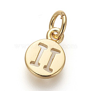 Brass Charms, Lead Free & Cadmium Free, Flat Round with Constellations, Golden, Gemini, 9.5x7x1mm, Hole: 3mm(ZIRC-E152-39F-G-RS)