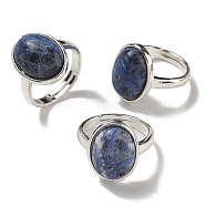 Natural Sodalite Oval Adjustable Rings, Lead Free & Cadmium Free, Silver Plated Brass Finger Rings for Women Men, Oval: 18x14mm, Inner Diameter: 18mm(RJEW-K371-07S-10)