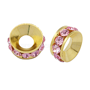 Brass Rhinestone Spacer Beads, Grade A, Rondelle, Golden Metal Color, Light Rose, 9x4mm, Hole: 4mm(RB-A020-9mm-27G)