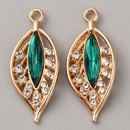 KC Gold Plated Alloy Pendants, with Acrylic and Crystal Rhinestone, Leaf Charm, Dark Green, 31x13x4mm, Hole: 2mm(FIND-TAC0025-01KCG-03)