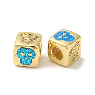 Rack Plating Brass Micro Pave Cubic Zirconia Beads, with Synthetic Opal, Cadmium Free & Lead Free, Long-Lasting Plated, Real 18K Gold Plated, Square, Large Hole Beads, European, Skull, 10x9.5x10mm, Hole: 5mm(KK-P268-01G-16)