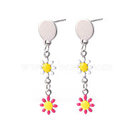 Flower Enamel Long Dangle Stud Earrings, Stainless Steel Color Plated 304 Stainless Steel Jewelry for Women, Deep Pink, 36x8mm, Pin: 0.8mm(EJEW-N049-02A)