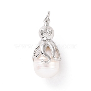 Shell Pearl Pendants, with Brass Pave Clear Cubic Zirconia Findings, Cadmium Free & Lead Free, Long-Lasting Plated, Oval with Octopus Charm, Platinum, 22~32x11x13mm, Hole: 3mm(KK-C004-10P)