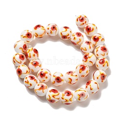 Handmade Lampwork Beads Strands, Round with Flower Pattern, White, 16mm, Hole: 1.5~1.8mm, about 27~28pcs/strand, 16.14~16.93''(41~43cm)(LAMP-G162-08B-04)