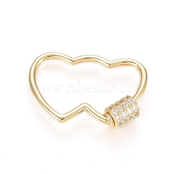 Brass Micro Pave Clear Cubic Zirconia Screw Carabiner Lock Charms, for Necklaces Making, Double Heart, Golden, 18.5x27.5x5.5mm(ZIRC-L085-01G)