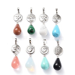 Yoga Chakra Jewelry, Synthetic Mixed Gemstone Pendants, with Platinum Plated Brass Findings, Teardrop & Votex/Om Symbol/Tree of Life/Flower of Life, 42~45mm, Hole: 8x5mm(G-P441-A)
