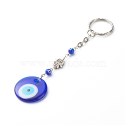 Handmade Lampwork Evil Eye Keychain, with Iron & 304 Stainless Steel Key Clasp Findings and Tibetan Style Alloy Beaads, Flat Round, Blue, 13.4cm(KEYC-JKC00264-03)