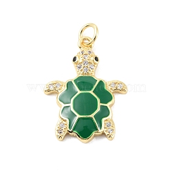 Rack Plating Brass Micro Pave Cubic Zirconia Pendants, with Enamel & Jump Ring, Cadmium Free & Lead Free, Long-Lasting Plated, Real 18K Gold Plated, Sea Turtle Charm, Green, 22.5x17x3mm, Hole: 3.2mm(KK-C021-01G-06)