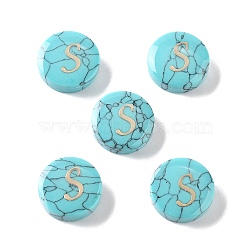 Synthetic Turquoise Beads, with Golden Tone Brass Slices, Flat Round with Letter, Letter S, 15x5.5mm, Hole: 1.4mm(G-A238-02S)