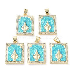 Rack Plating Brass Micro Pave Clear Cubic Zirconia Pendants, with Synthetic Opal, Cadmium Free & Lead Free, Long-Lasting Plated, Real 18K Gold Plated, Flat Round, Rectangle, 23.5x17x3mm, Hole: 5x3.5mm(KK-C041-06E-G)