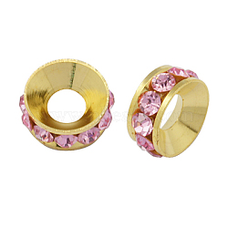 Brass Rhinestone Spacer Beads, Grade A, Rondelle, Golden Metal Color, Light Rose, 9x4mm, Hole: 4mm(RB-A020-9mm-27G)
