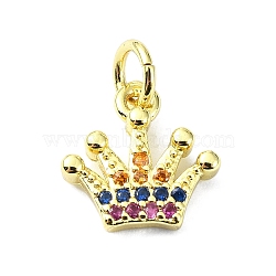 Brass Micro Pave Cubic Zirconia Pendants, with Jump Ring, Real 18K Gold Plated, Crown Charm, Colorful, 11.5x12x4mm, Hole: 3mm(KK-H475-26A-01G)