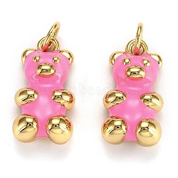 Real 18K Gold Plated Brass Pendants, with Enamel and Jump Rings, Long-Lasting Plated, Bear, Hot Pink, 17.5x9x5mm, Jump Ring: 5x1mm, 3mm Inner Diameter(KK-L206-001H-G)