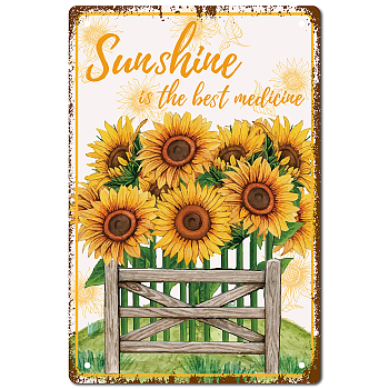 Tinplate Sign Poster, Vertical, for Home Wall Decoration, Rectangle with Word Sunshine is the Best Medicine, Sunflower Pattern, 300x200x2.2mm