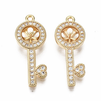 Brass Micro Pave Clear Cubic Zirconia Peg Bails Pendants, for Half Drilled Bead, Nickel Free, Key, Real 18K Gold Plated, 23x9.5x4mm, Hole: 1.2mm, Pin: 0.7