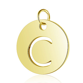 304 Stainless Steel Charms, Flat Round with Letter, Golden, Letter.C, 12x1mm, Hole: 2.5mm