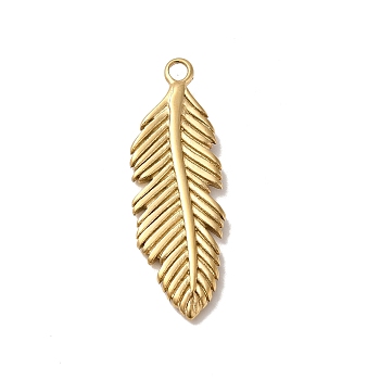 304 Stainless Steel Pendants,  Leaf Charm, Real 14K Gold Plated, 35x11.5x2mm, Hole: 2mm