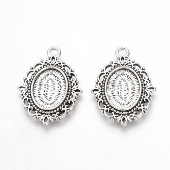 Tibetan Style Alloy Pendant Cabochon Settings, Oval, Lead Free & Nickel Free, Antique Silver, Tray: 18x13.5mm, 36x27x3mm, Hole: 3mm