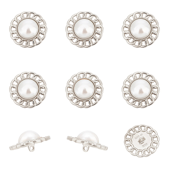 Alloy Shank Buttons, with Acrylic Imitation Pearl Beads, Flower, Platinum, 25x12.5mm, Hole: 2mm, 12pcs/box