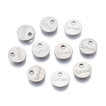 201 Stainless Steel Charms, Stamping Blank Tag, Flat Round with Word S.Steel, Stainless Steel Color, 6x1mm, Hole: 1.2mm