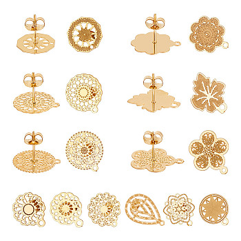 304 Stainless Steel Stud Earring Findings, with Loop, Mixed Shapes, Golden, 17x14.5mm, Hole: 1mm, pin: 0.7mm