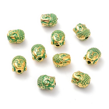 Alloy Beads, Buddha's Head, Golden & Green Patina, 10.5x8.6x7.7mm, Hole: 2mm