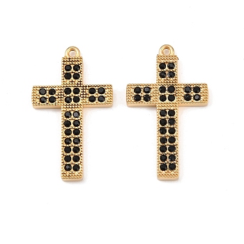 304 Stainless Steel Pendants, Cross, with Rhinestone, Real 18K Gold Plated, PVD Vacuum Plating, Jet, 26x15x2mm, Hole: 1mm