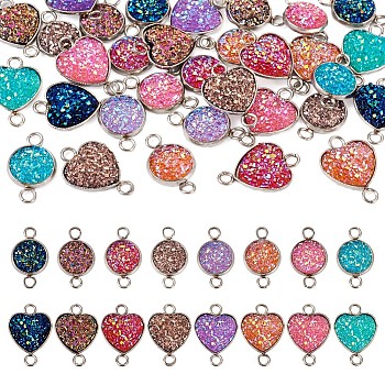 32Pcs 16 Styles 304 Stainless Steel Connector Charms, Druzy Resin Heart & Flat Round Links, Stainless Steel Color, Mixed Color, 19.5~20x11.5~13.5x3.5~4mm, Hole: 2.5mm, 2pcs/style
