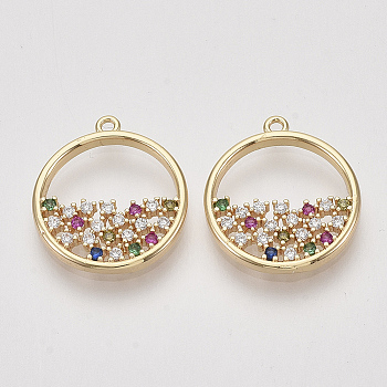 Brass Micro Pave Cubic Zirconia Pendants, Flat Round, Nickel Free, Real 18K Gold Plated, Colorful, 17x15x2mm, Hole: 1mm