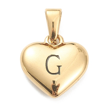 304 Stainless Steel Pendants, Heart with Black Letter, Golden, Letter.G, 16x16x4.5mm, Hole: 7x3mm