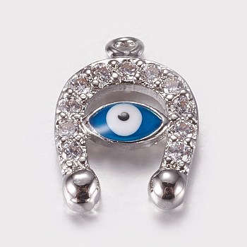 Long-Lasting Plated Brass Micro Pave Cubic Zirconia Enamel Charms, Real Platinum Plated, Horseshoe with Evil Eye, 13.5x10x2mm, Hole: 0.5mm