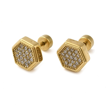 304 Stainless Steel with Rhinestone Stud Earrings for Women, Hexagon, Real 14K Gold Plated, 8x9mm