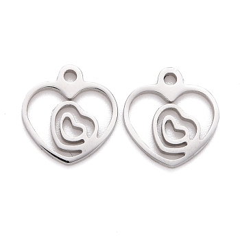 Valentine's Day 304 Stainless Steel Charms, Laser Cut, Heart with Heart, Stainless Steel Color, 9x9.5x1mm, Hole: 1.2mm