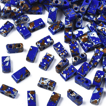 2-Hole Opaque Glass Seed Beads, Antique Style, Rectangle, Medium Blue, 4.5~5.5x2~2.5x2mm, Hole: 0.5~0.8mm