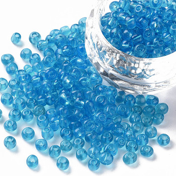 Glass Seed Beads, Transparent, Round, Round Hole, Sky Blue, 6/0, 4mm, Hole: 1.5mm, about 500pcs/50g, 50g/bag, 18bags/2pounds