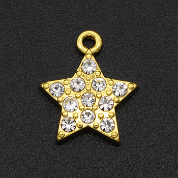 Alloy Rhinestone Charms, Five Pointed Star, Golden, Crystal, 14x12x2mm, Hole: 1.4mm