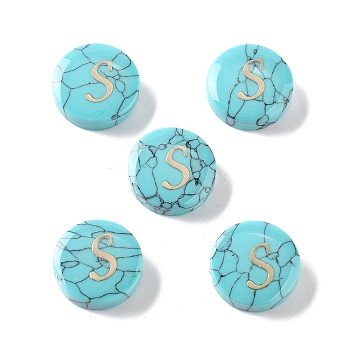 Synthetic Turquoise Beads, with Golden Tone Brass Slices, Flat Round with Letter, Letter S, 15x5.5mm, Hole: 1.4mm