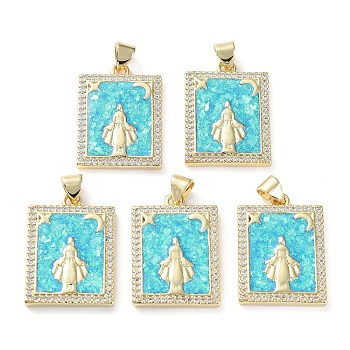 Rack Plating Brass Micro Pave Clear Cubic Zirconia Pendants, with Synthetic Opal, Cadmium Free & Lead Free, Long-Lasting Plated, Real 18K Gold Plated, Flat Round, Rectangle, 23.5x17x3mm, Hole: 5x3.5mm