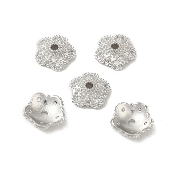 Rack Plating Brass Beads Caps, with Clear Cubic Zirconia, Long-Lasting Plated, Lead Free & Cadmium Free, Flower, Platinum, 10x10x3mm, Hole: 1.6mm