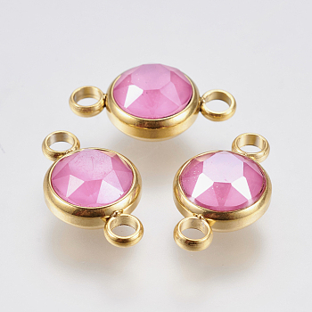 K9 Glass Links connectors, Faceted, with 304 Stainless Steel Findings, Ion Plating (IP), Flat Round, Golden, Hot Pink, 17.5x10x6mm, Hole: 2.5mm