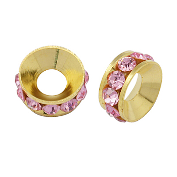 Brass Rhinestone Spacer Beads, Grade A, Rondelle, Golden Metal Color, Light Rose, 9x4mm, Hole: 4mm