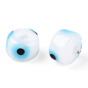 Handmad Lampwork Beads, Rondelle with Evil Eye , White, 7x5mm, Hole: 1.6mm